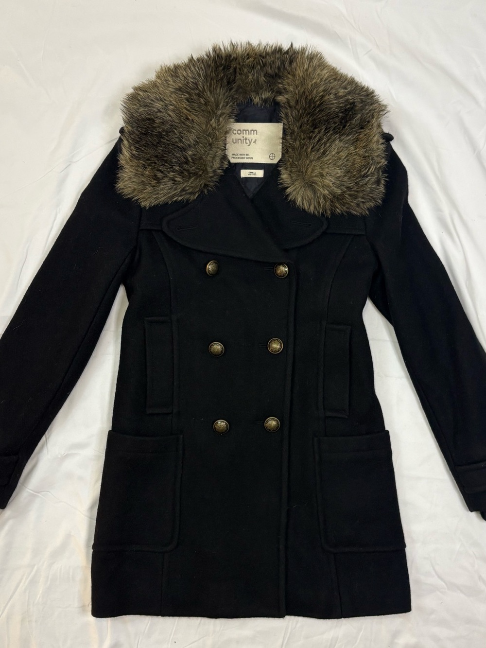 Aritzia Community Cadet Black Wool Peacoat Faux Fur Collar Classic Women’s Small